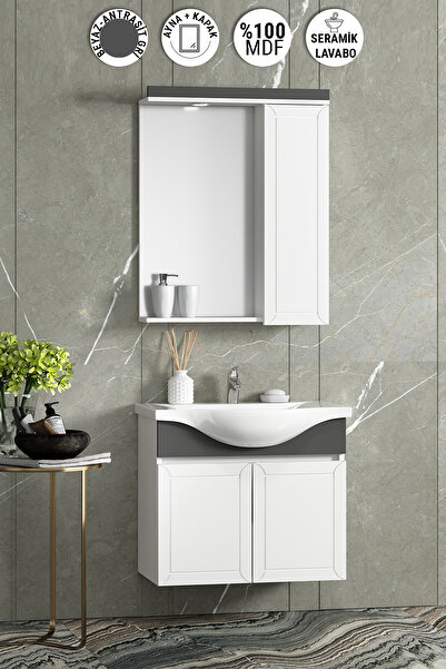ÖZCEDEN Lilyum 55 cm Beyaz-Antrasit Gri Mat MDF Pk-109 Balon Kapak Seramik Lavabolu Asma Banyo Dolabı Takımı