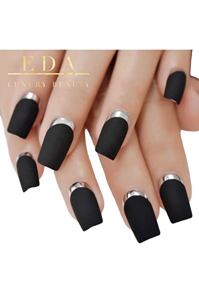 EDA LUXURY BEAUTY 24'lü Siyah Mat Gümüş Krom French Takma Tırnak Lüks Desenli...