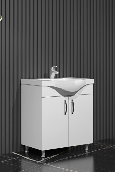 ÖZCEDEN Yıldız 65 cm Beyaz MDF Seramik Lavabolu Ayaklı Banyo Alt Dolabı