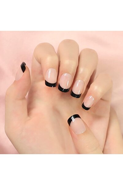 EDA LUXURY BEAUTY 24'lü Natürel Pembe Siyah French Takma Tırnak Lüks Doğal De...