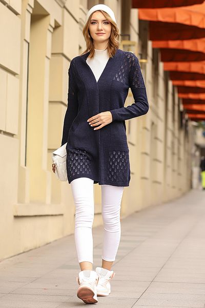 AVORWE Cardigan de tricotaj sezonier cu buzunare laterale ajurate cu model de frunze