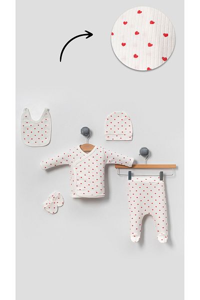 Bubito Little Hearts Detailed Cotton Baby Newborn Hospital Discharge Set-Red