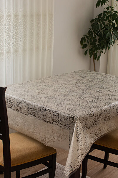 decorekor Lüks Silinebilir Hijyenik Dantel Görünümlü Şeffaf Kaplama Pvc Muşamba Masa Örtüsü