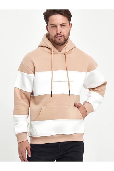MADZEYMODA Ανδρικό φούτερ με 3 κλωστές, μπεζ και λευκή κουκούλα