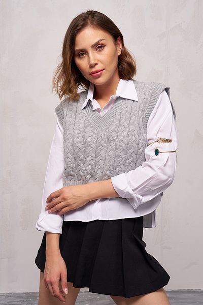 GİYSA Women's Gray V-Neck Hair Knitted Patterned Crop Knitwear Sweater - 4007