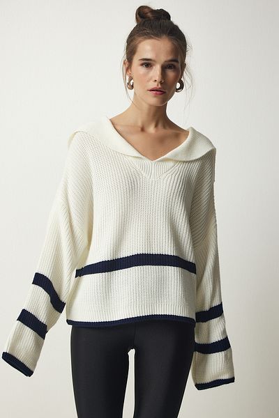Happiness İstanbul Women's Bone Shawl Collar Striped Knitwear Sweater FN03131