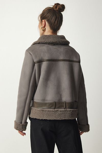 Happiness İstanbul Women's Anthracite Premium Short Nubuck Coat FN03123