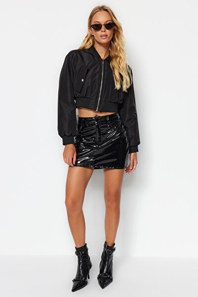 Trendyol Collection Black Shiny Faux Leather Mini Woven Skirt TWOAW24ET00176