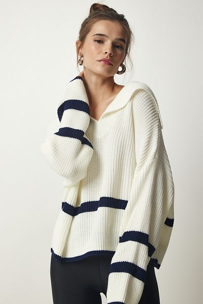 Happiness İstanbul Women's Bone Shawl Collar Striped Knitwear Sweater FN03131