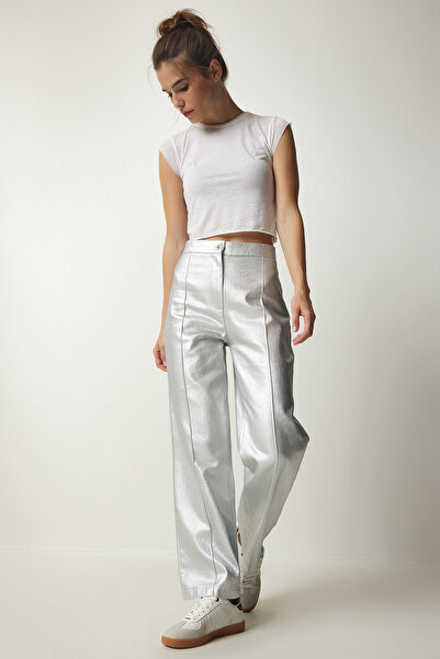 Happiness İstanbul Women's Metallic Gray Metallic Carrot Trousers UL00012