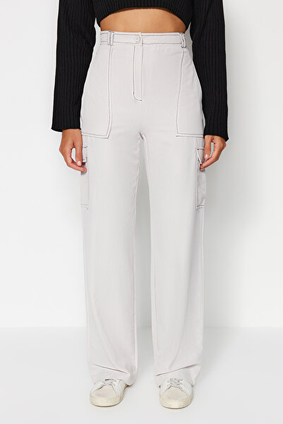 Trendyol Collection Gray Cargo Wide Leg Woven Trousers with Contrast Stitching Detail TWOSS21PL0288