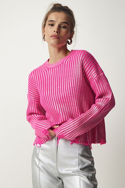Happiness İstanbul Woman's Pink Shiny Knitwear Sweater with Ripped Detail PF00021