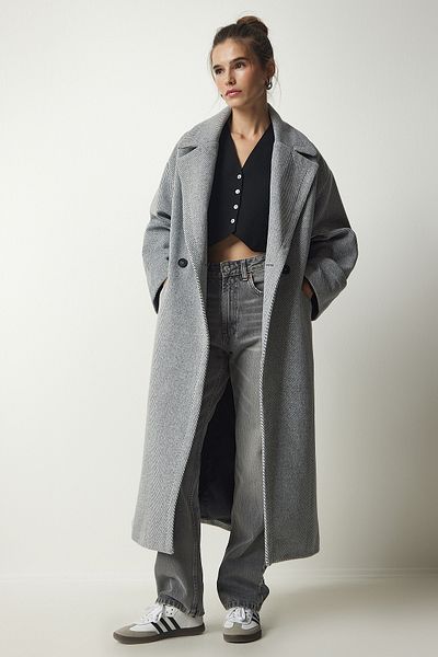 Happiness İstanbul Grauer Premium-Mantel aus gemusterter Wolle mit zweireihigem Kragen und Stempelmuster für Damen, fn03095