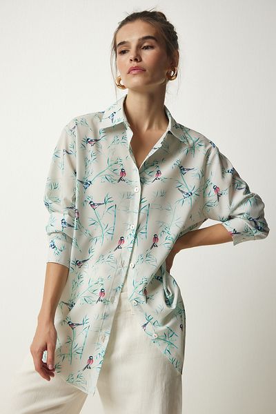 Happiness İstanbul Women's Ecru Green Patterned Oversize Satin Finished Shirt OH00049