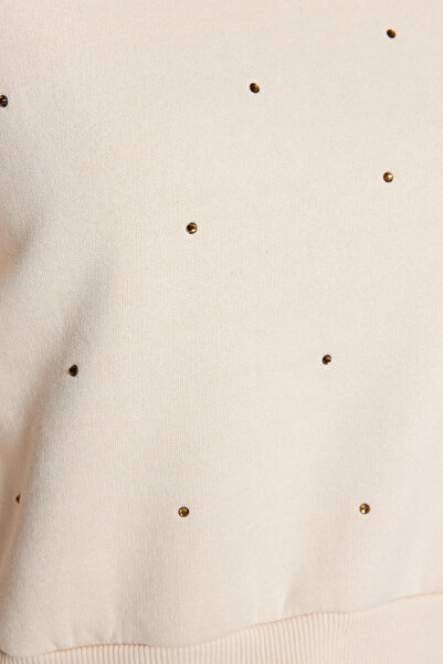 Trendyol Collection Hanorac tricotat, de culoare bej, gros, cu piatră, cu detaliu, cu potrivire normală TWOAW24SW00118