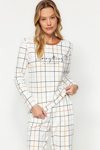 Trendyol Collection 100% pamut fehér kockás pizsama szett - póló és nadrág THMAW24PT00235
