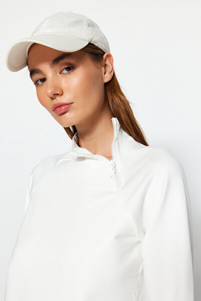 Trendyol Collection Hanorac sport din bumbac alb - guler vertical, detaliu cu fermoar TWOAW22SW0187