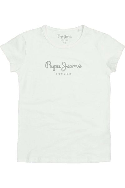 Pepe Jeans Mädchen T-Shirt - HANA GLITTER, Baumwolle, Rundhals, Kurzarm, Glitzer, Logo, einfarbig