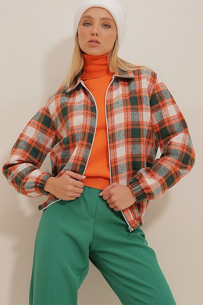 Trend Alaçatı Stili Dámská sezónní bomber bunda s oranžovým vzorem na zip s elastickým pasem ALC-X10775