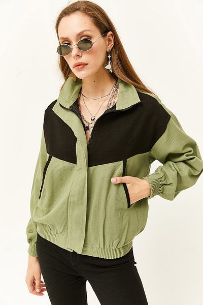 Olalook Women's Khaki Color Blocked Soft Textured Cotton Jacket with Pockets CKT-19000363