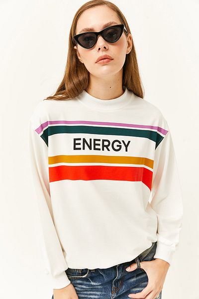 Olalook Women's Energy Ecru Printed Soft Textured Sweatshirt SWT-19000627