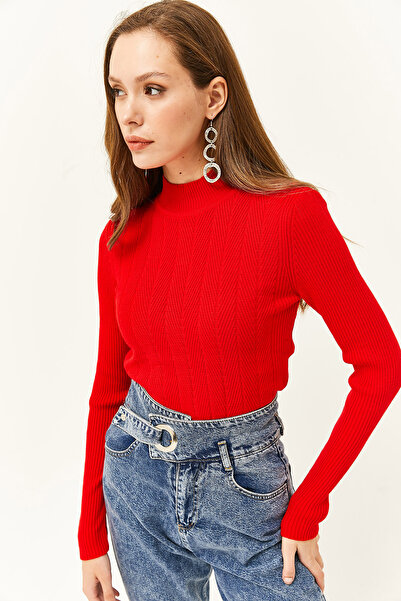 Olalook Women's Red Half Fisherman Zigzag Textured Soft Knitwear Sweatshirt KZK-19000447