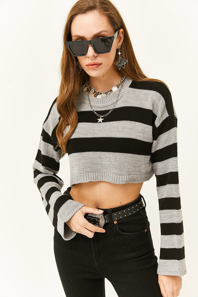 Olalook Hanorac de damă gri cu mânecă spaniolă în dungi KZK-19000657