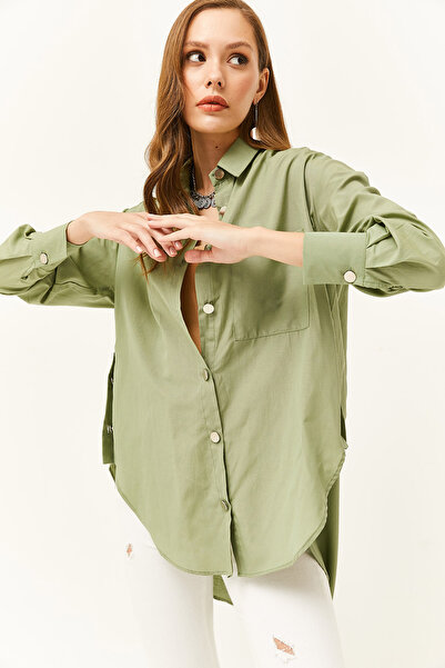 Olalook Kadın Küf Yeşili Yanları Düğme Detaylı Oversize Dokuma Gömlek GML-19001004