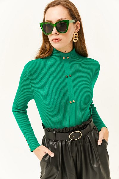 Olalook Women's Grass Green Stand Collar Button Garnished Lycra Knitwear Sweater KZK-19000659