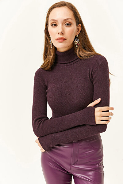 Olalook Kadın Mürdüm Balıkçı Yaka Parmak Detaylı Likralı Bluz BLZ-19001644