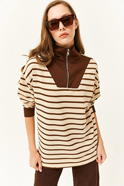 Olalook Γυναικείο μπλουζάκι με ριγέ γιακά με φερμουάρ SWT-19000625