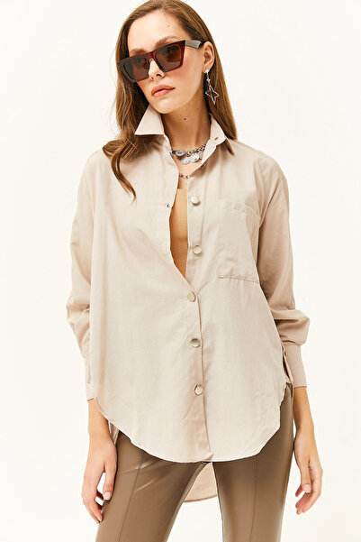Olalook Women's Beige Side Button Detailed Oversize Woven Shirt GML-19001004