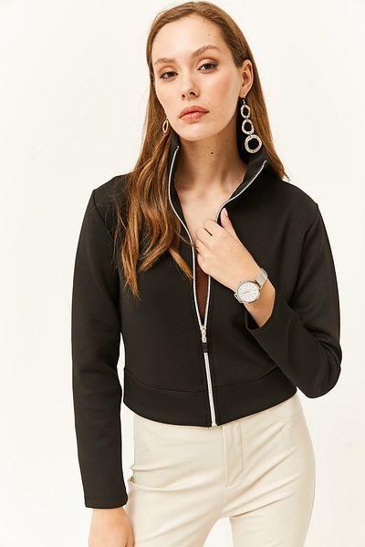 Olalook Women's Black Zippered Scuba Jacket CKT-19000362