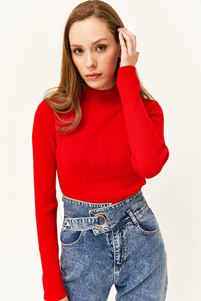 Olalook Women's Red Half Fisherman Zigzag Textured Soft Knitwear Sweatshirt KZK-19000447