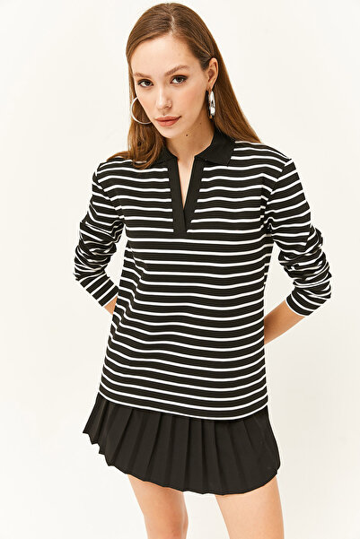 Olalook Women's Black Polo Neck Striped Sweatshirt SWT-19000629
