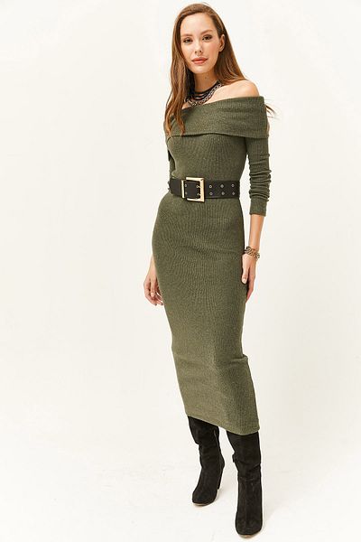 Olalook Γυναικείο Μακρύ Φόρεμα Χακί Madonna Collar Lycra ELB-19000752