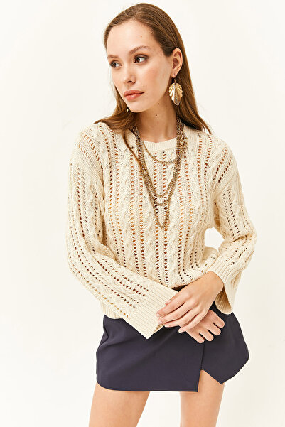 Olalook Damen-Strickpullover mit geflochtenem, durchbrochenem Steinhaarmuster KZK-19000661