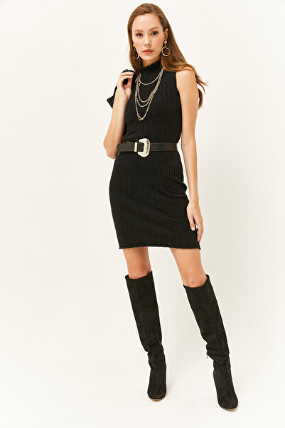 Olalook Γυναικείο Μίνι Πλεκτό Γυναικείο Μαύρο Φόρεμα με Μαλακό Γιακά με Γενειάδα ELB-19001973