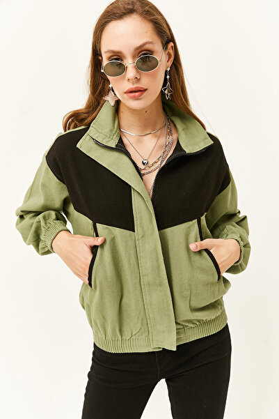 Olalook Women's Khaki Color Blocked Soft Textured Cotton Jacket with Pockets CKT-19000363