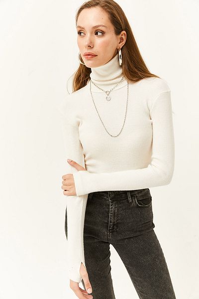 Olalook Ecrufarbene Lycra-Bluse mit Rollkragen und Fingerdetails für Damen BLZ-19001644