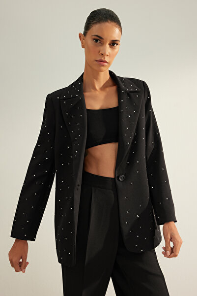 Trendyol Collection Μαύρο κανονικό υφαντό τζάκετ με πέτρα με λεπτομέρειες TWOAW24BC00078