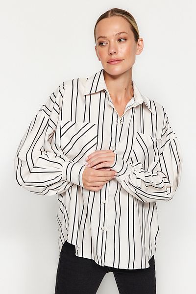 Trendyol Collection Oversize Ecru Striped Satin Shirt - Wide Fit TWOAW24GO00262