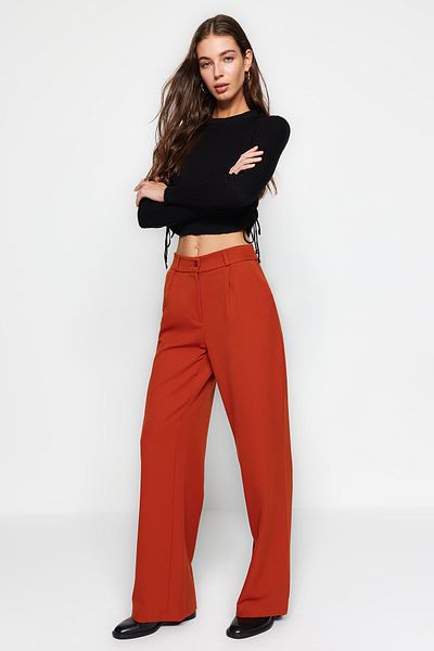 High waist wide leg pleated pants in red