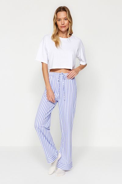 Trendyol Collection Pyjamahose aus 100 % Baumwolle mit weißen und blauen Streifen – THMAW24PJ00001