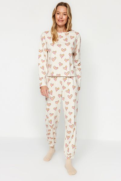 Trendyol Collection HearT Cream T-shirt and Jogger Sleepwear SeT 100% CoTTon - THMAW24PT00116