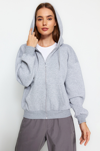 Trendyol Collection Šedá oversize/pohodlný střih Basic mikina s kapucí na zip, tlustý fleece uvnitř TWOAW24SW00188