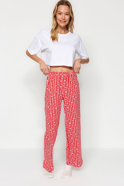 Trendyol Collection Červené pruhované bavlněné pyžamové kalhoty se srdíčky - Thmss23Pj00002