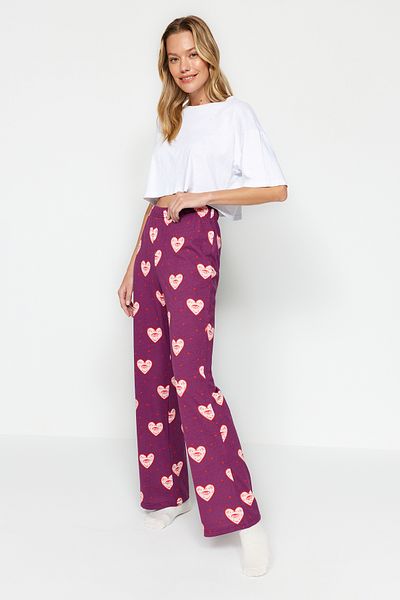 Trendyol Collection Lila gestrickte Pyjama-Unterseite mit Herzen – 100 % Baumwolle THMAW24PJ00003