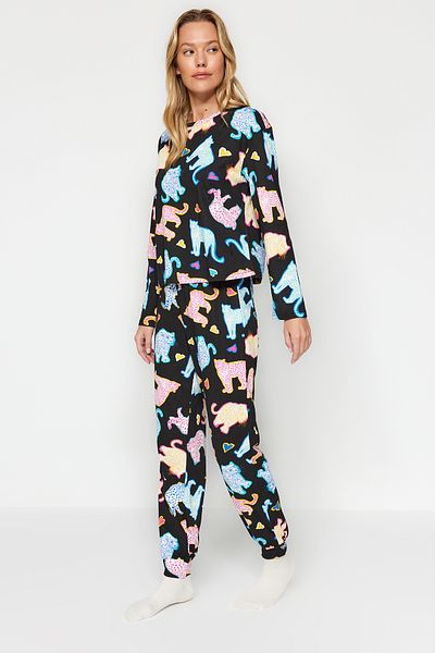 Trendyol Collection Černá 100% bavlna s leopardím potiskem Tričko-Jogger Pletené pyžamo THMAW24PT00158