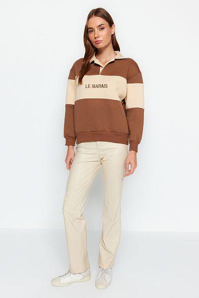 Trendyol Collection Brown Thick Fleece Inside Regular/Regular Fit Embroidered Polo Collar Knitted Sweatshirt TWOAW24SW00397